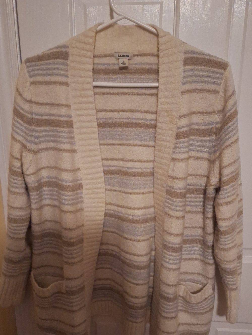 L.L. Bean Cream, Beige & Light Gray Striped Open-Front Cardigan